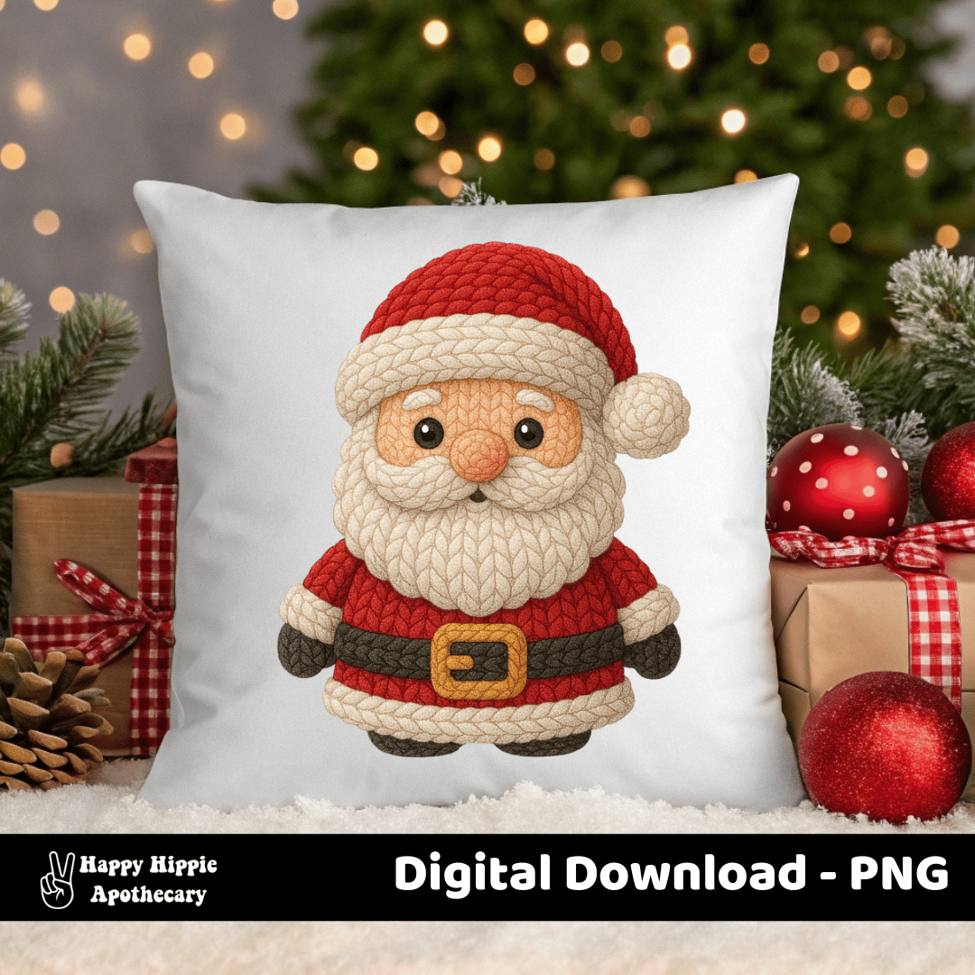 Christmas card mockup with crochet Santa PNG design. Great for printable greeting cards, holiday stationery, and festive DIY projects. Alt Text: