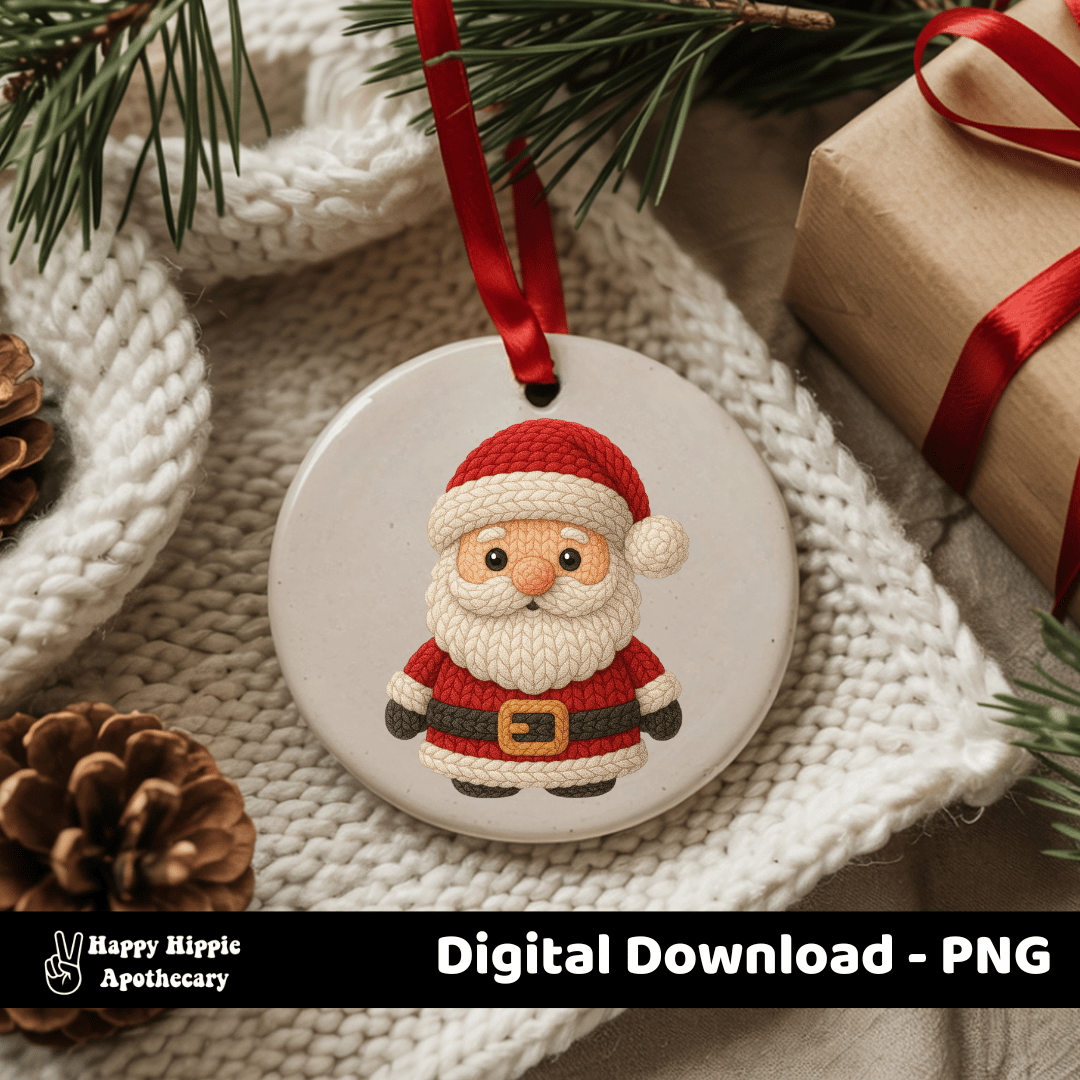 Christmas ornament mockup with crochet Santa PNG. Ideal for handmade holiday décor, ceramic ornament sublimation, or festive printable gifts.
