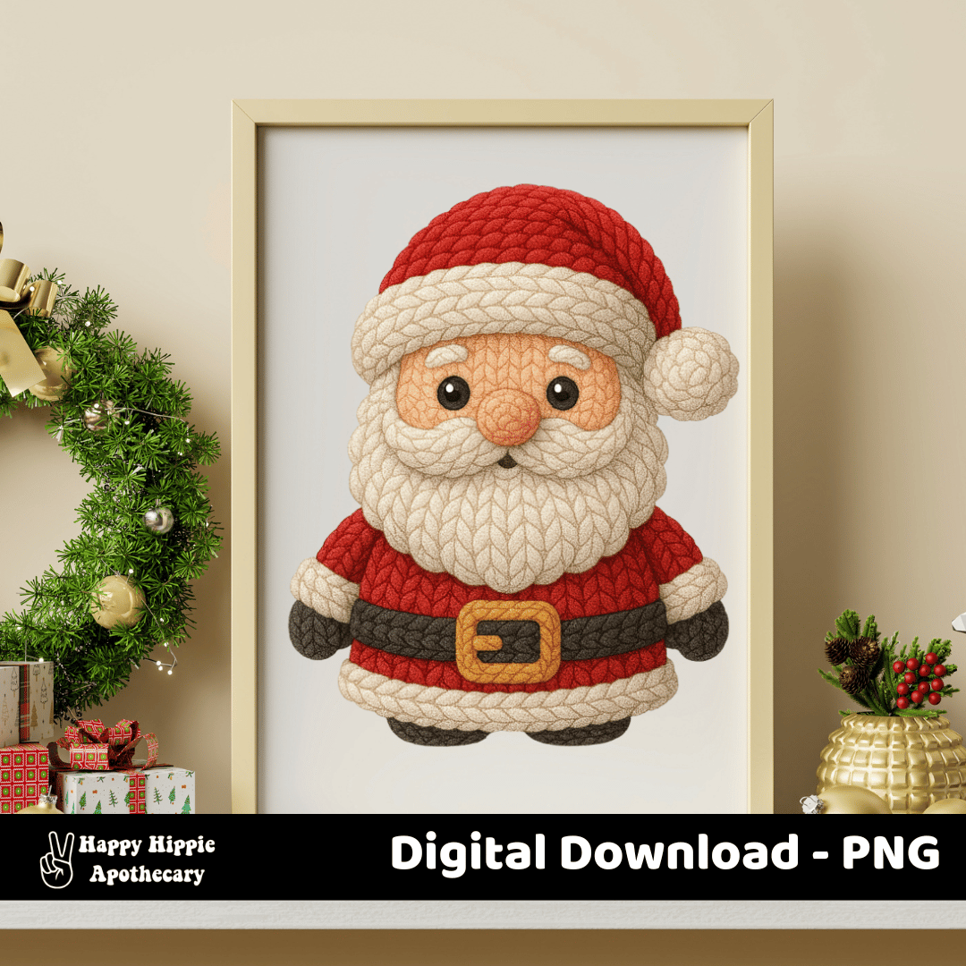 Christmas wall art mockup featuring crochet Santa PNG in a gold frame with festive greenery. Perfect for printable art and cozy home holiday décor.