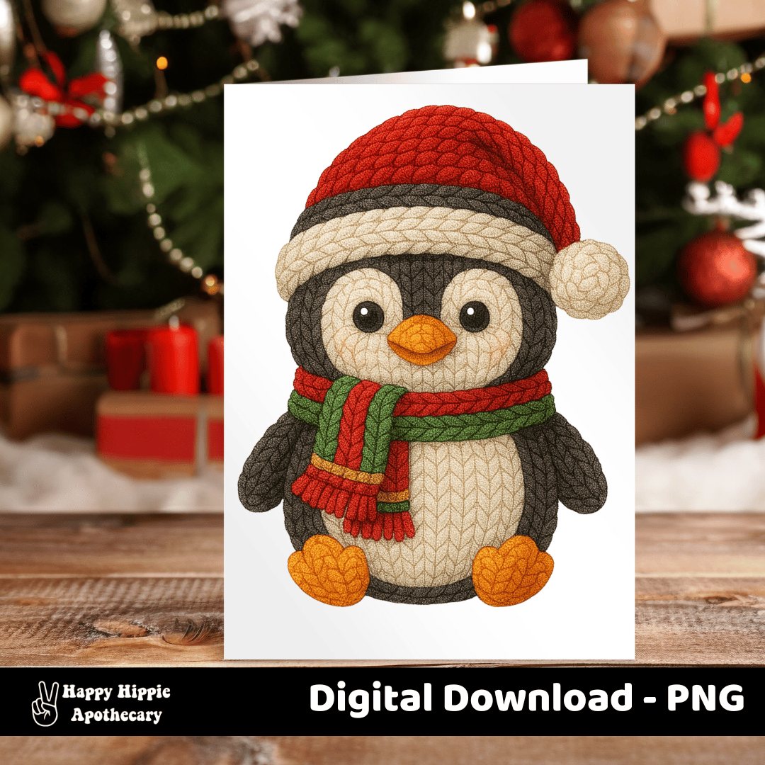 Christmas card mockup featuring crochet penguin PNG. Ideal for printable holiday cards, festive stationery, and cozy handmade designs.