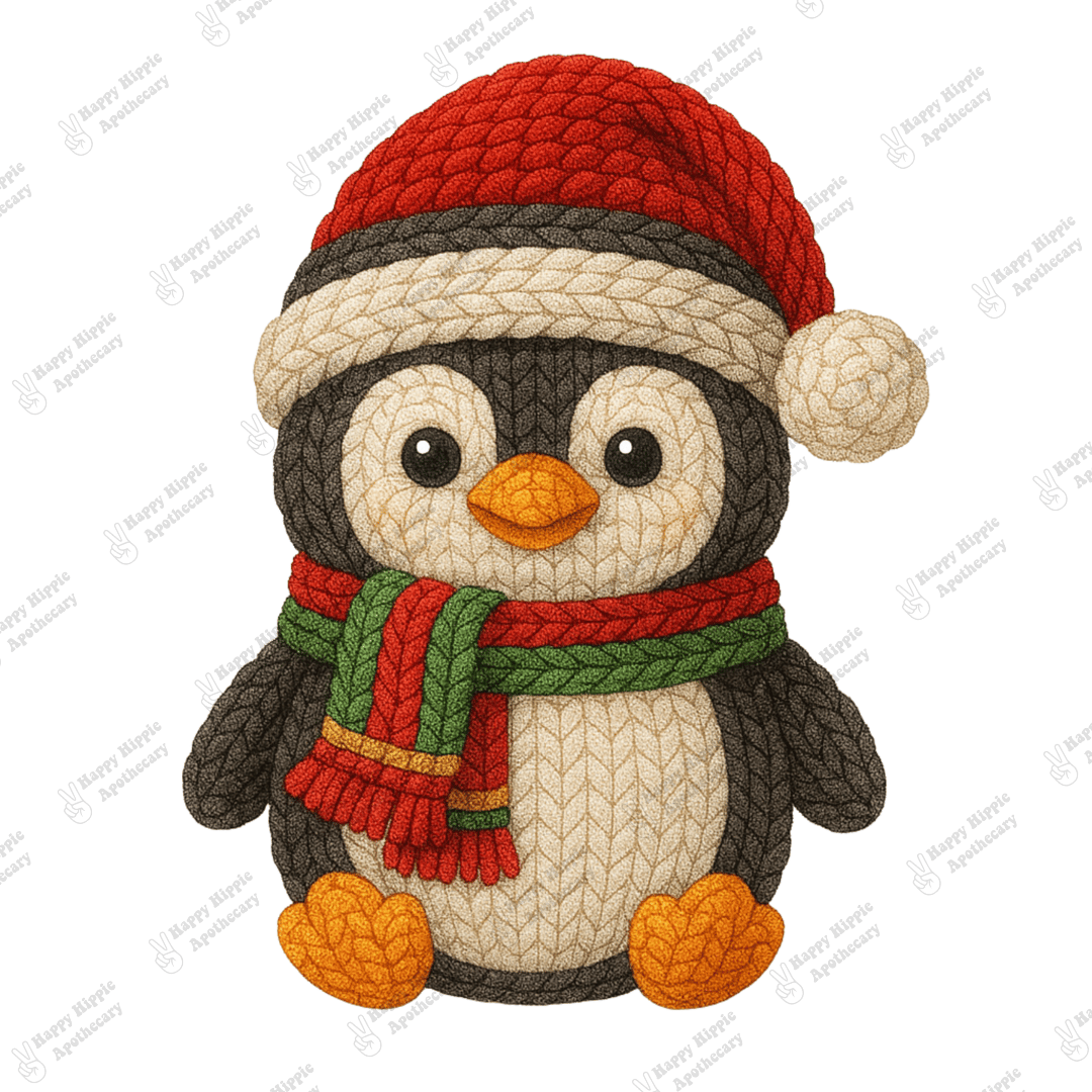 Detailed close-up of crochet-textured penguin PNG showing realistic yarn texture and warm holiday tones. Ideal for festive sublimation projects and cozy Christmas designs.