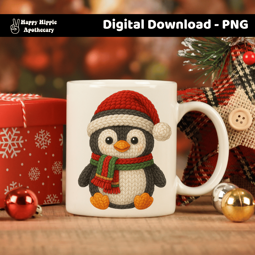 Christmas mug mockup featuring crochet penguin PNG design. Perfect for cozy holiday drinkware, sublimation, and handmade gift ideas.