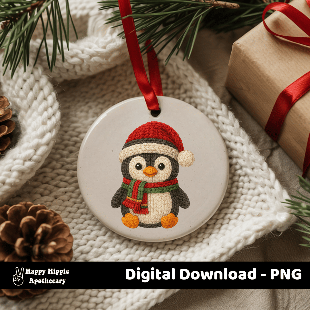 Christmas ornament mockup with crochet penguin PNG design. Great for ceramic ornament sublimation, holiday décor, and printable gift projects.