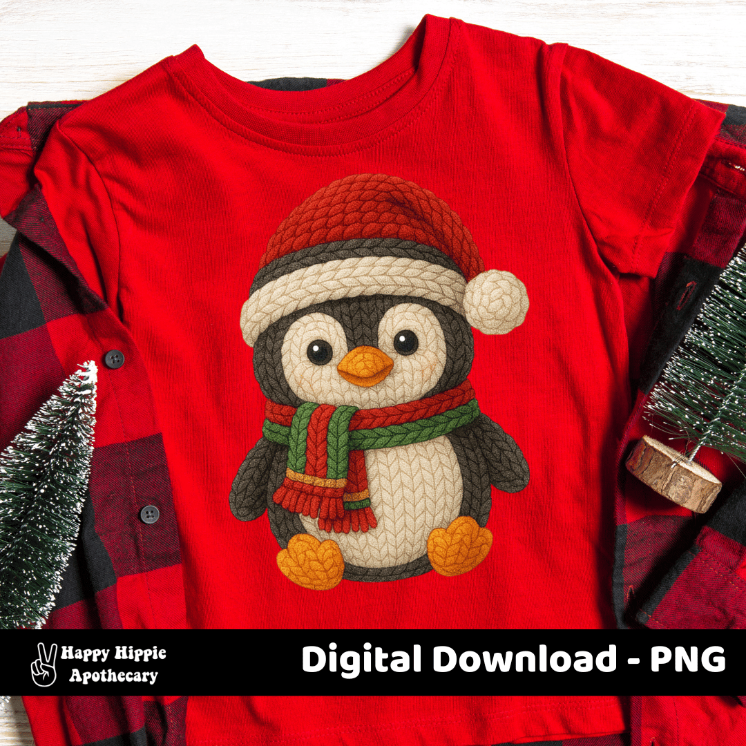 Red t-shirt mockup featuring crochet penguin PNG design. Perfect for Christmas clothing, sublimation, and cozy winter apparel.