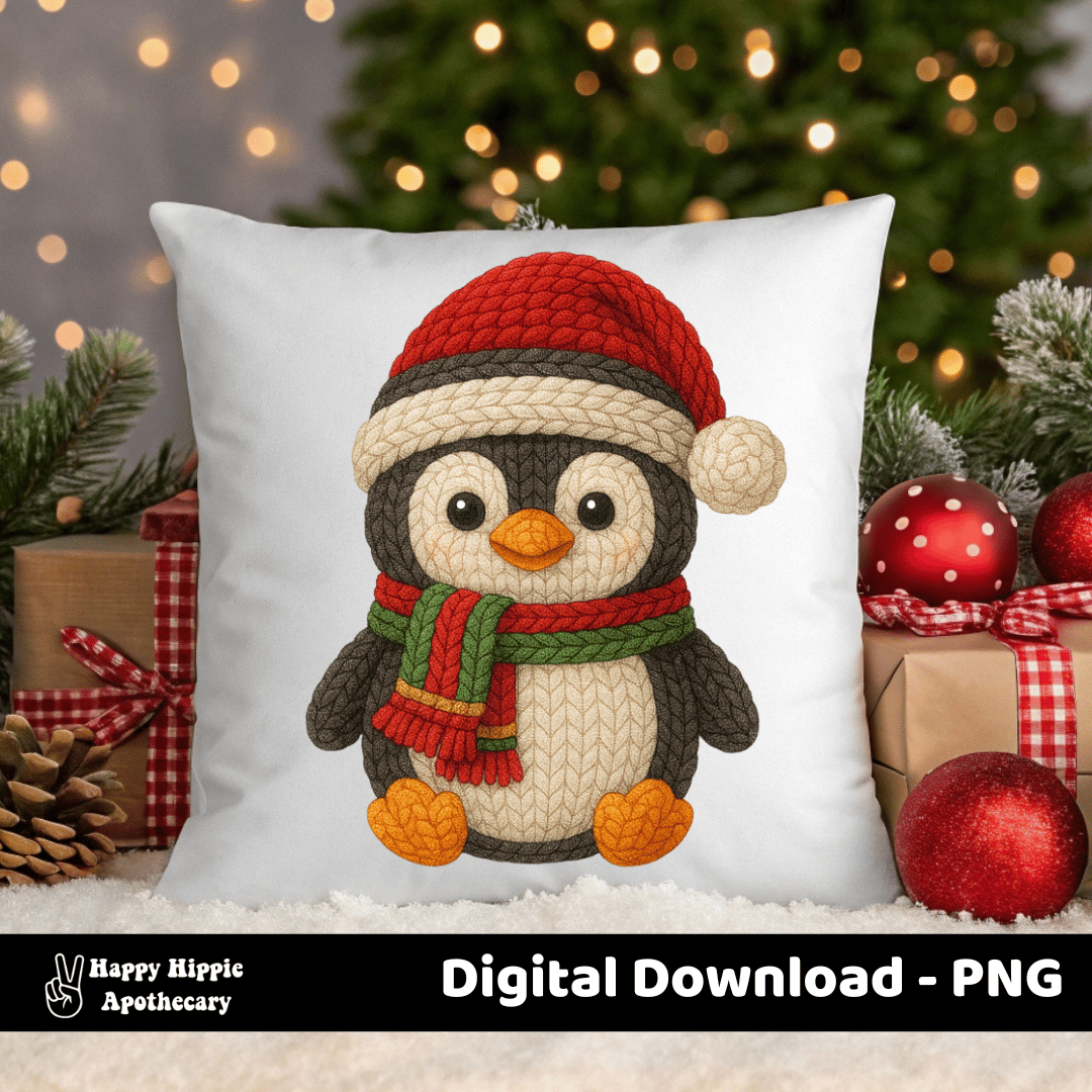 Christmas pillow mockup with crochet penguin PNG design. Perfect for holiday home décor, sublimation, and cozy seasonal gifts.