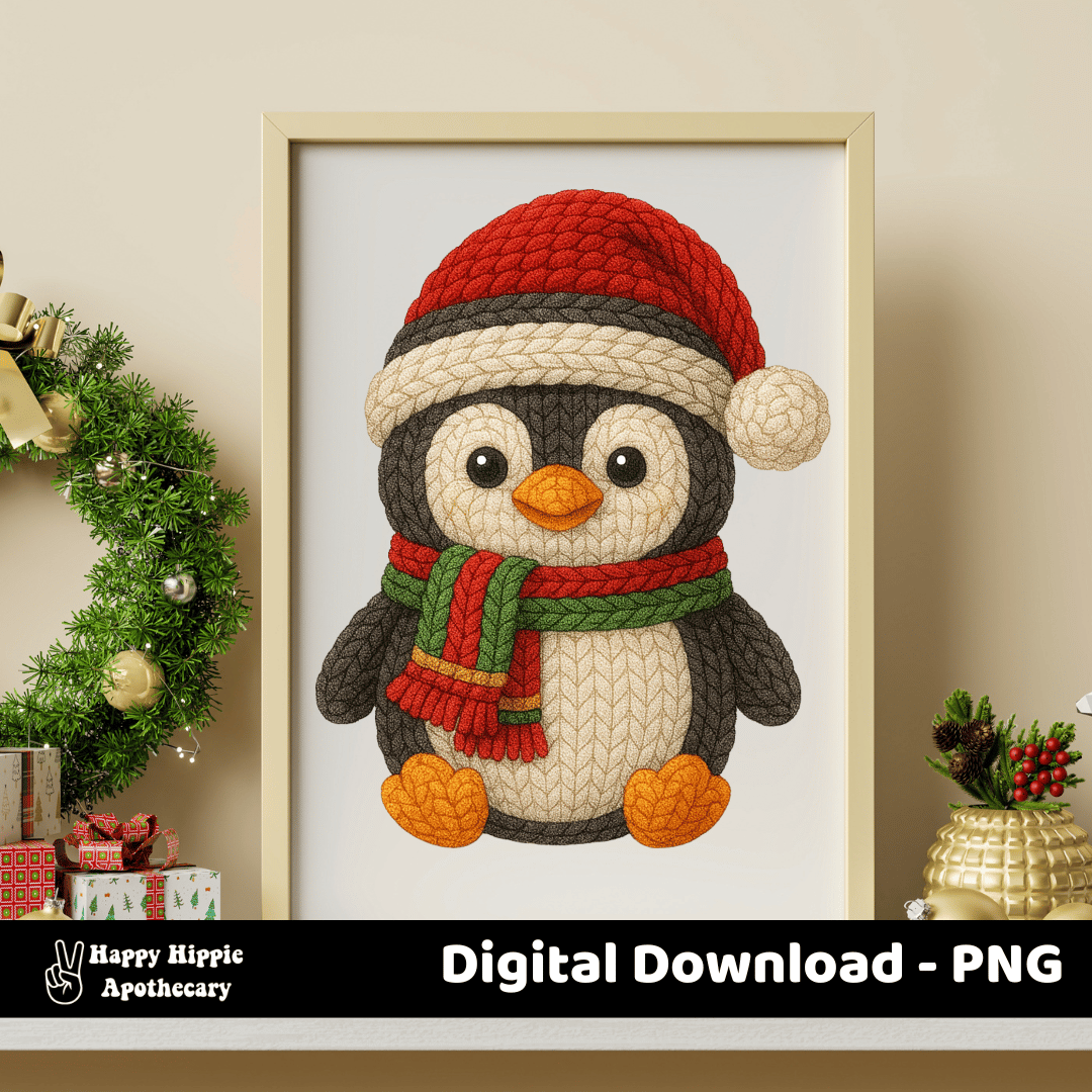 Holiday wall art mockup featuring crochet penguin PNG in a festive gold frame. Perfect for Christmas printable art and cozy winter home décor.