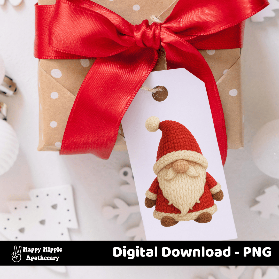 Christmas gift tag mockup featuring crochet gnome PNG design. Ideal for printable tags, handmade holiday packaging, and cozy gift wrapping projects.