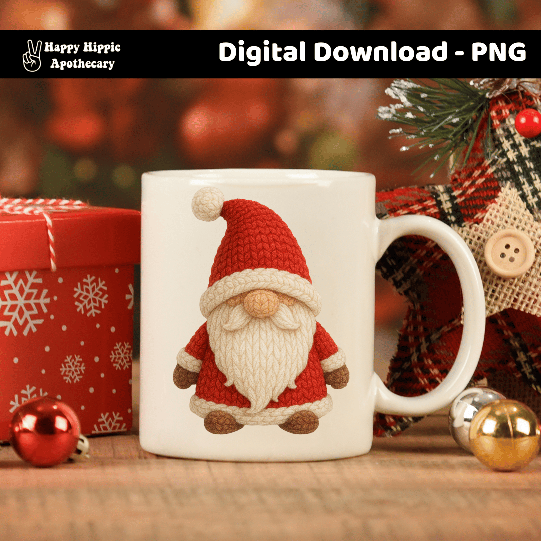 Holiday mug mockup featuring crochet Christmas gnome PNG. Perfect for Christmas drinkware, cozy winter sublimation, and festive mug designs.