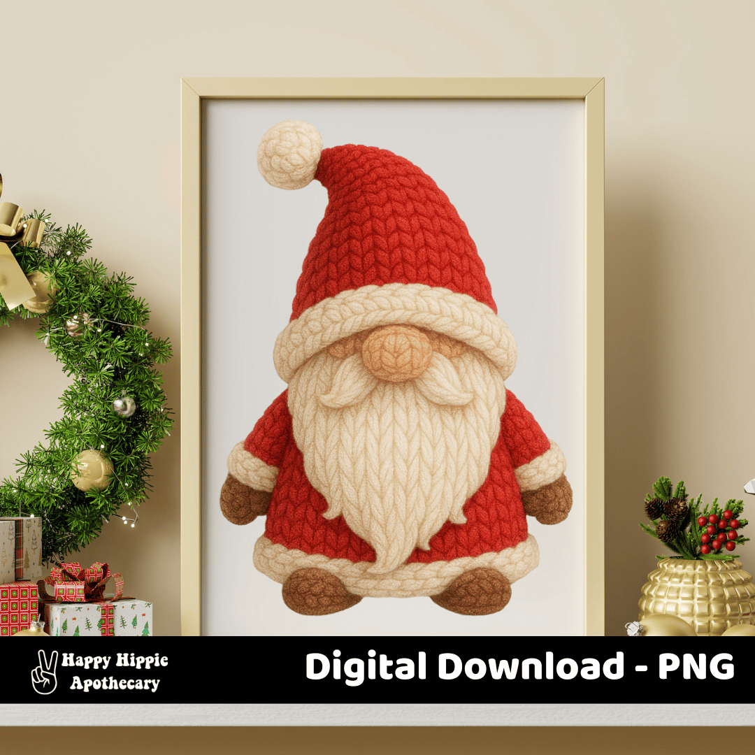 Holiday wall art mockup featuring crochet Christmas gnome PNG framed for festive home décor. Great for printable Christmas wall art.