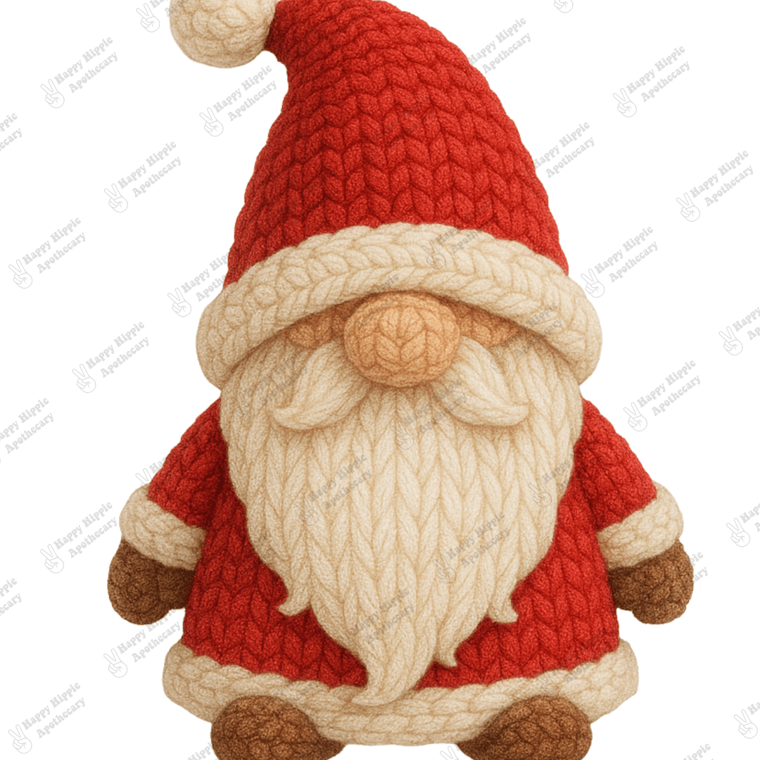 Detailed close-up of crochet-textured Christmas gnome PNG showing cozy knit yarn detail and warm holiday tones. Great for festive sublimation projects.