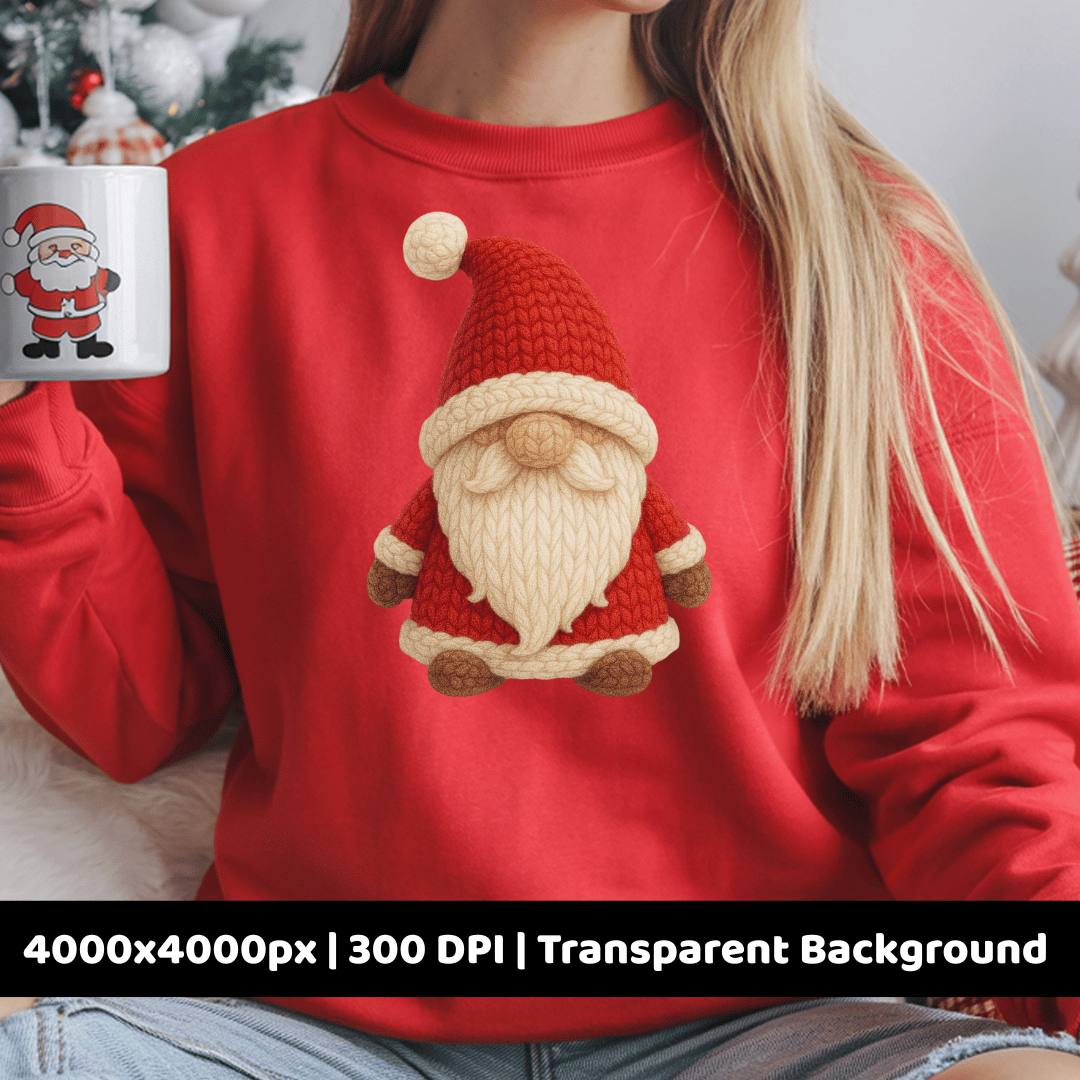 Crochet Christmas gnome PNG with cozy handmade knit texture and red hat. Perfect for Christmas sublimation, stickers, and festive crafts. 4000x4000px, 300 DPI, transparent background.