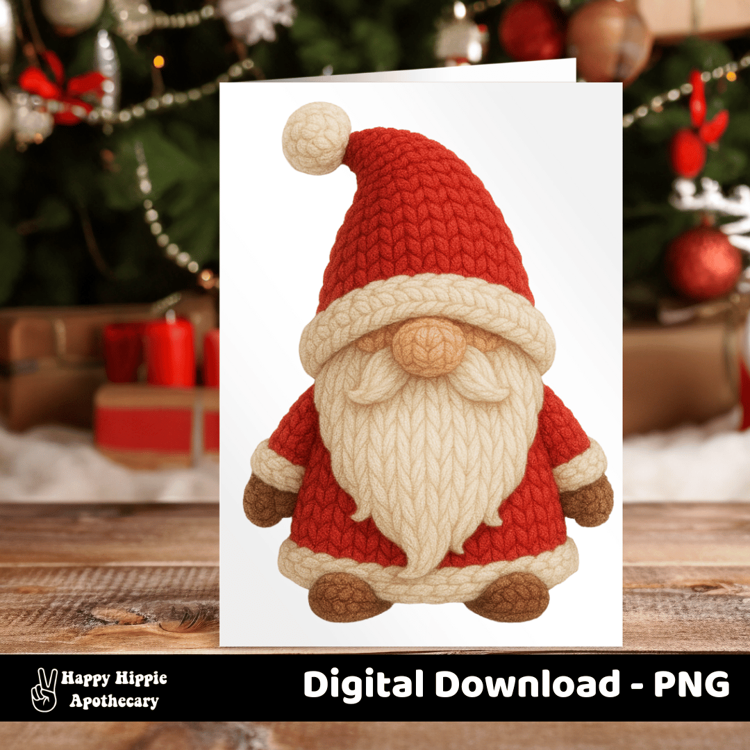 Christmas card mockup featuring crochet Christmas gnome PNG design. Great for printable cards, stationery, and festive gift greetings.