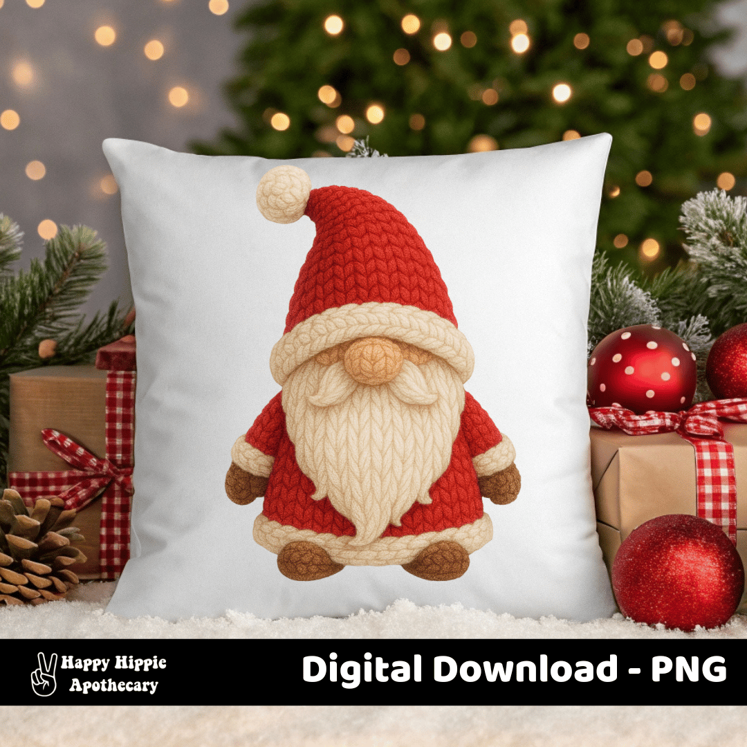 Christmas pillow mockup featuring crochet gnome PNG design. Perfect for festive sublimation projects and cozy winter home décor.