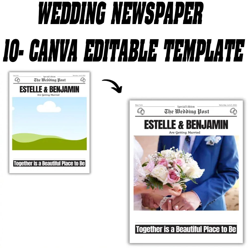 Wedding Newspaper Canva Template, Editable Wedding Program, Wedding Canva Template, Marriage Newspaper, Custom Wedding Layout, Canva Editable Template, Cupid Post Wedding Design, Digital Download, Printable Wedding Newspaper, Canva Pro Template, Wedding S