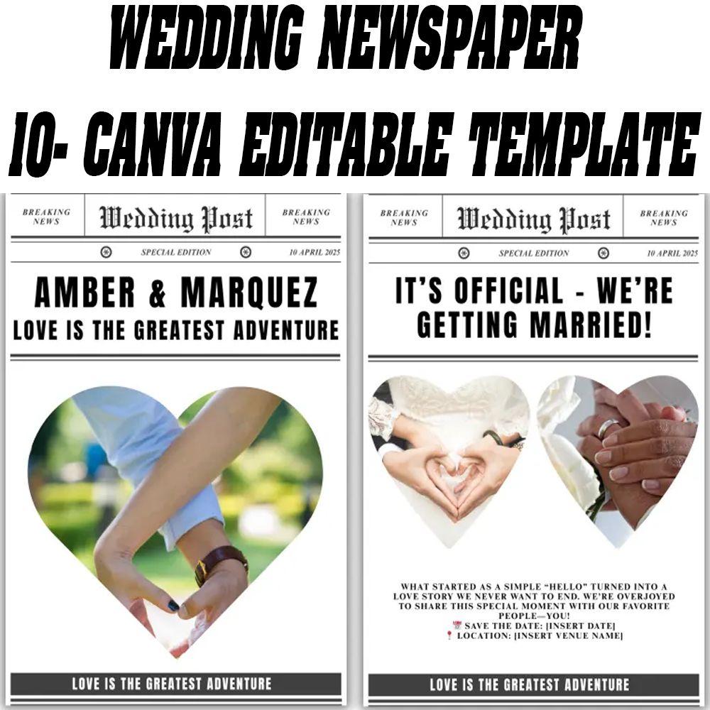 Wedding Newspaper Canva Template, Editable Wedding Program, Wedding Canva Template, Marriage Newspaper, Custom Wedding Layout, Canva Editable Template, Cupid Post Wedding Design, Digital Download, Printable Wedding Newspaper, Canva Pro Template, Wedding S