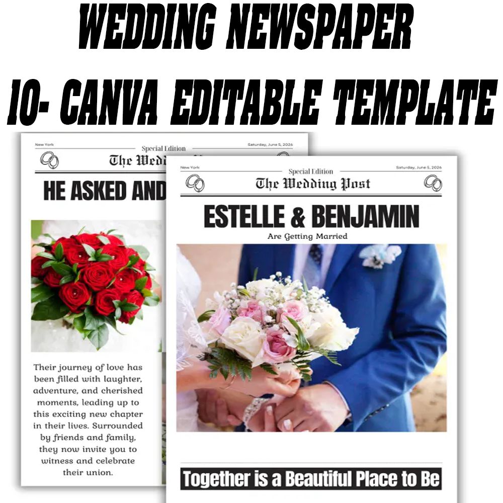 Wedding Newspaper Canva Template, Editable Wedding Program, Wedding Canva Template, Marriage Newspaper, Custom Wedding Layout, Canva Editable Template, Cupid Post Wedding Design, Digital Download, Printable Wedding Newspaper, Canva Pro Template, Wedding S