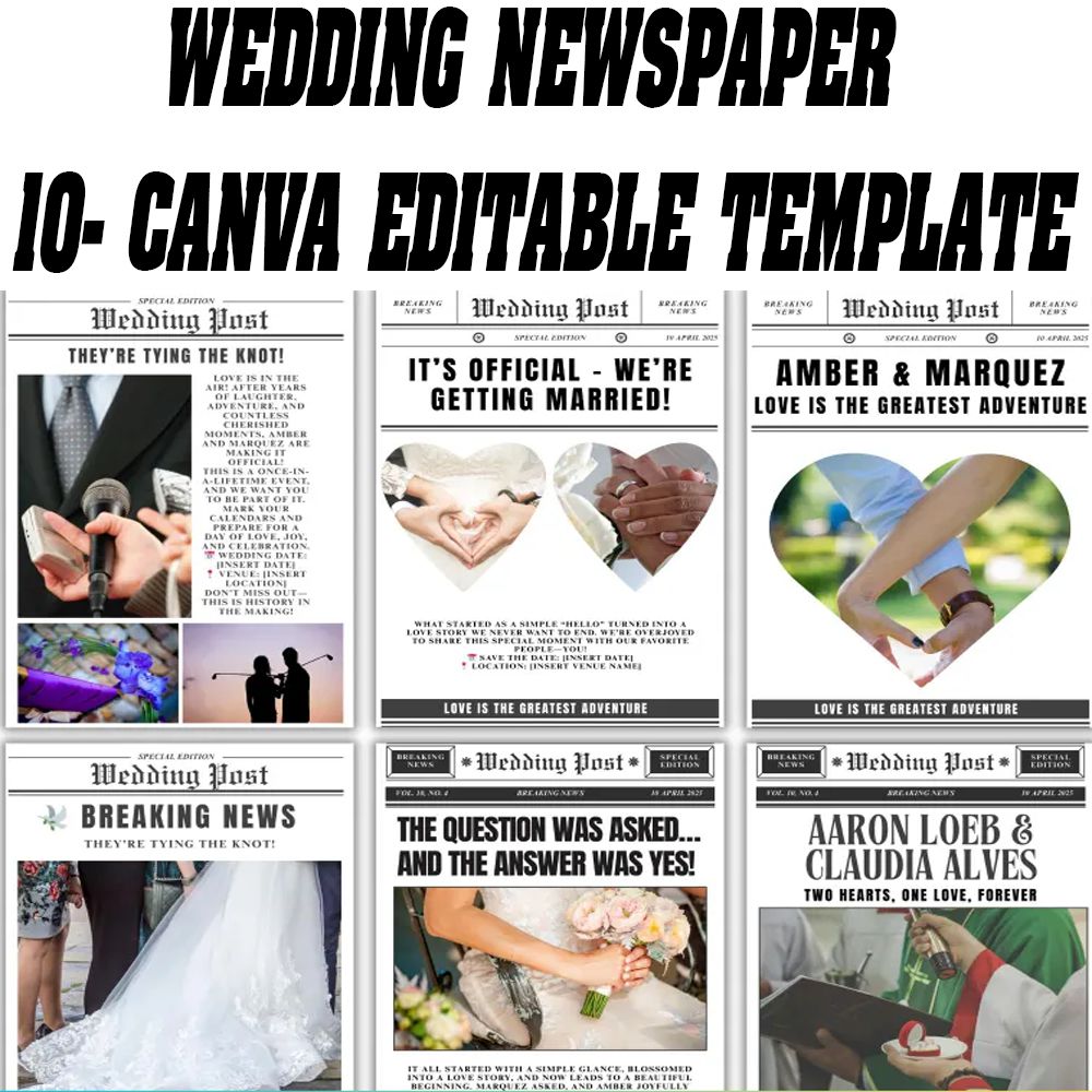 Wedding Newspaper Canva Template, Editable Wedding Program, Wedding Canva Template, Marriage Newspaper, Custom Wedding Layout, Canva Editable Template, Cupid Post Wedding Design, Digital Download, Printable Wedding Newspaper, Canva Pro Template, Wedding S