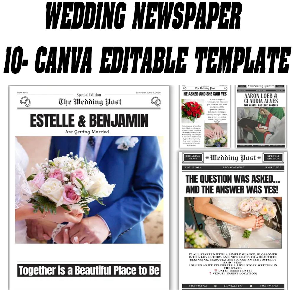 Wedding Newspaper Canva Template, Editable Wedding Program, Wedding Canva Template, Marriage Newspaper, Custom Wedding Layout, Canva Editable Template, Cupid Post Wedding Design, Digital Download, Printable Wedding Newspaper, Canva Pro Template, Wedding S