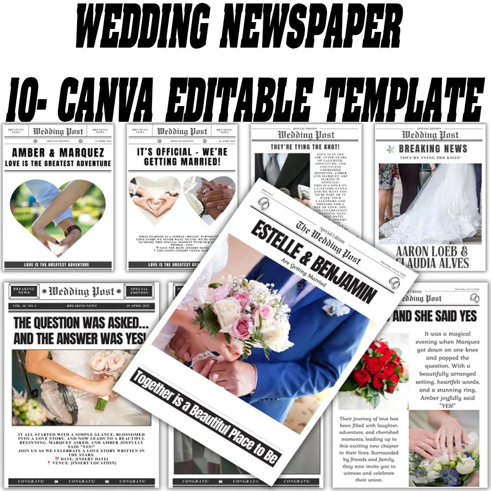 Wedding Newspaper Canva Template, Editable Wedding Program, Wedding Canva Template, Marriage Newspaper, Custom Wedding Layout, Canva Editable Template, Cupid Post Wedding Design, Digital Download, Printable Wedding Newspaper, Canva Pro Template, Wedding S
