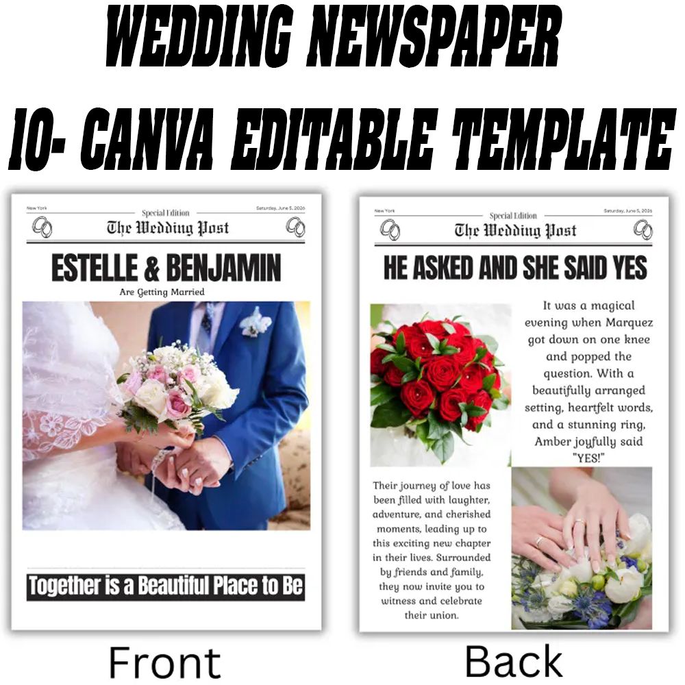 Wedding Newspaper Canva Template, Editable Wedding Program, Wedding Canva Template, Marriage Newspaper, Custom Wedding Layout, Canva Editable Template, Cupid Post Wedding Design, Digital Download, Printable Wedding Newspaper, Canva Pro Template, Wedding S
