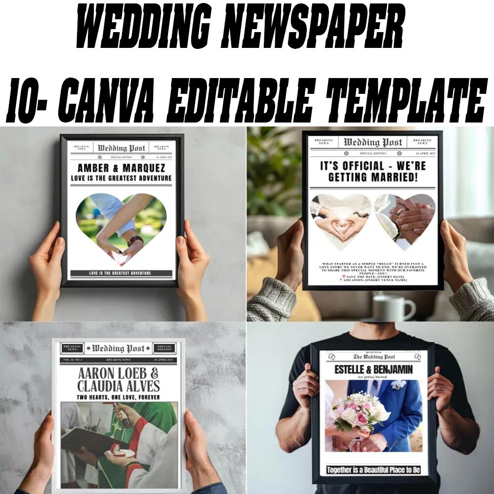 Wedding Newspaper Canva Template, Editable Wedding Program, Wedding Canva Template, Marriage Newspaper, Custom Wedding Layout, Canva Editable Template, Cupid Post Wedding Design, Digital Download, Printable Wedding Newspaper, Canva Pro Template, Wedding S