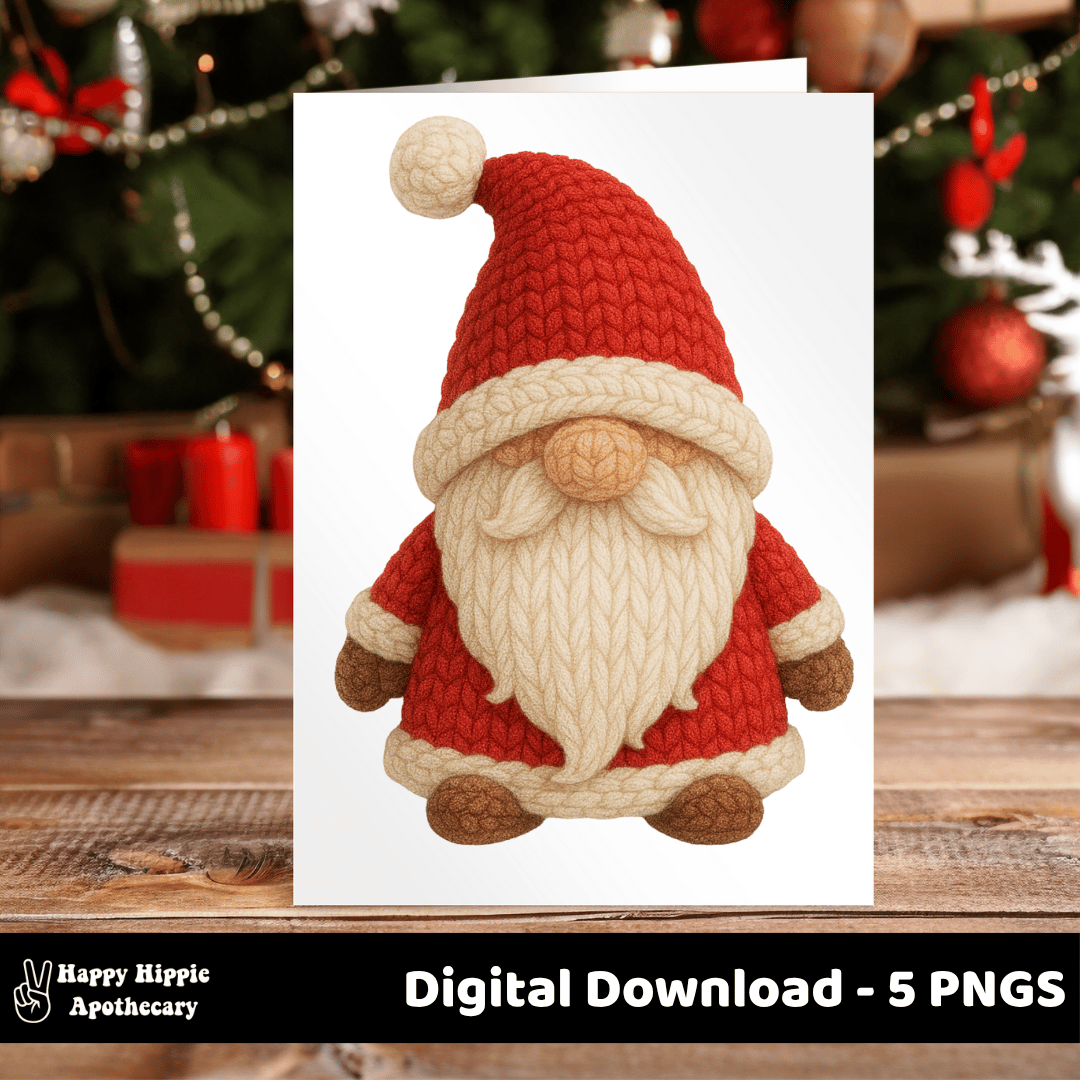 Christmas card mockup featuring crochet Santa PNG. Perfect for holiday greeting card sublimation and printable designs.