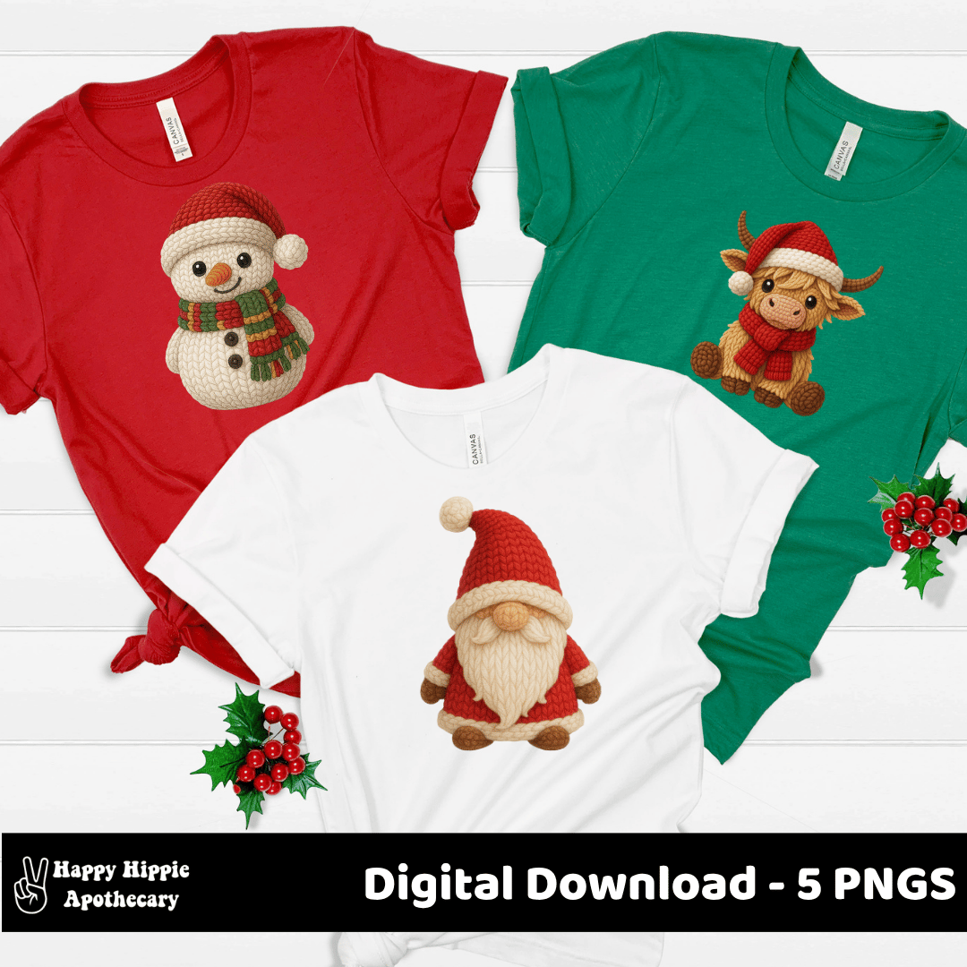Holiday t-shirt mockups featuring crochet Christmas characters. Perfect for showcasing Santa, Cow, and Snowman PNGs for Christmas apparel design ideas.