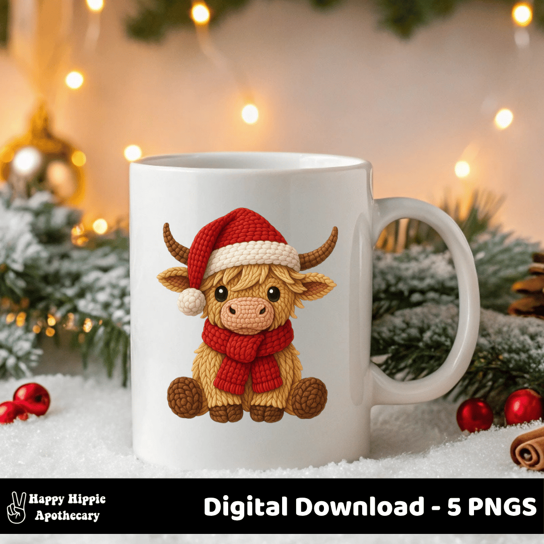 Christmas mug mockup featuring crochet Highland Cow PNG. Great for holiday sublimation ideas and cozy gift inspiration.