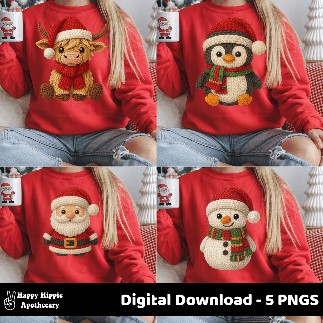 Christmas sweatshirt mockups featuring crochet Christmas PNGs. Includes Highland Cow, Penguin, Santa, and Snowman designs—perfect for cozy apparel projects. Alt Text: