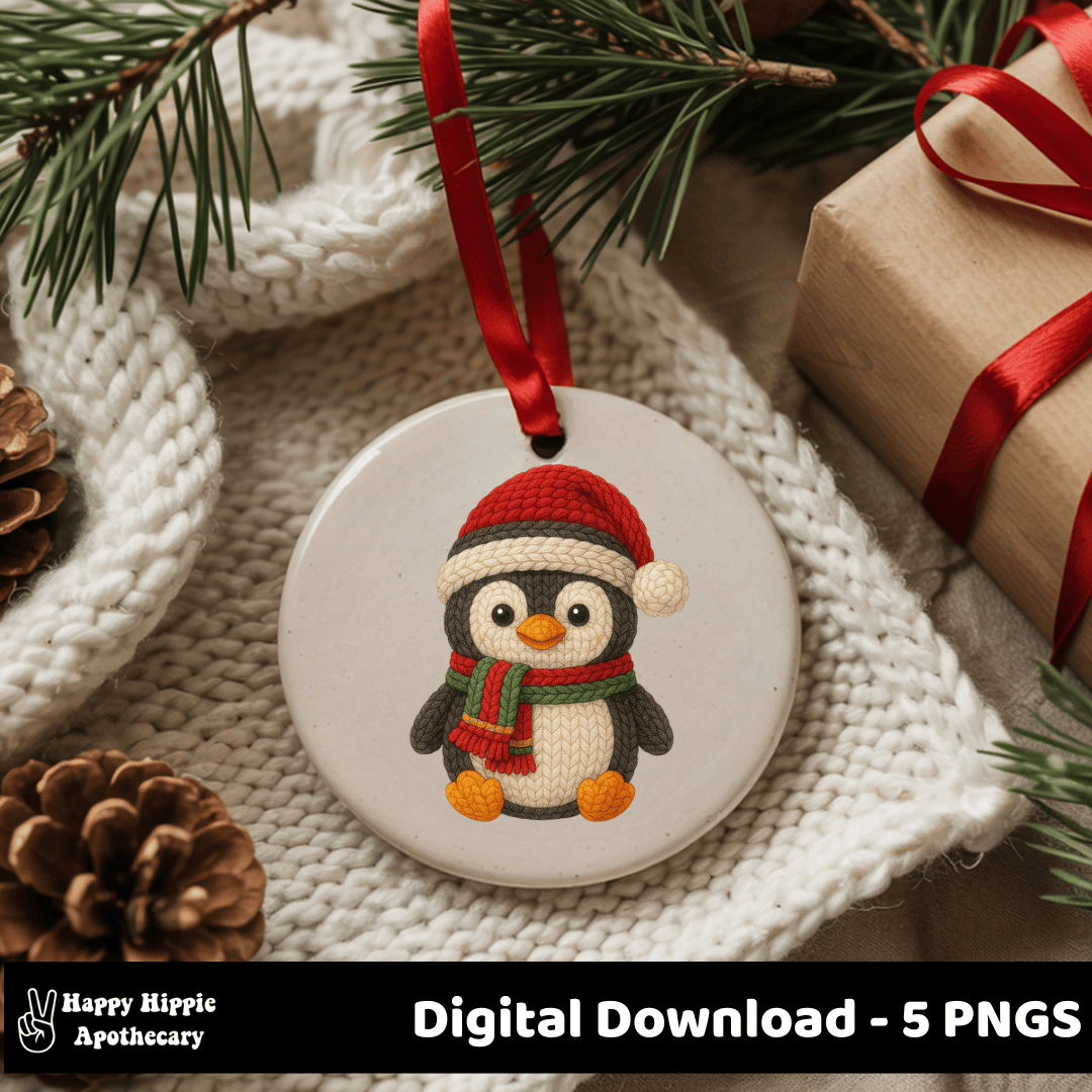 Christmas ornament mockup featuring crochet penguin PNG from the Crochet Christmas Bundle. Perfect for handmade holiday décor and sublimation projects.