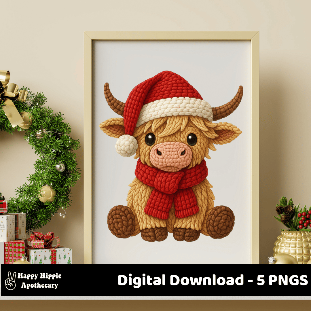 Framed wall art mockup featuring crochet Highland Cow PNG from the Christmas bundle. Great for printable Christmas décor and home holiday art.