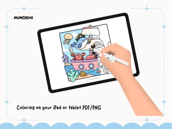 Pirate whale and crab cute coloring page for kids  Under the sea printable coloring pages pack for children  Set of 10 kawaii ocean and pirate animal printable coloring pages