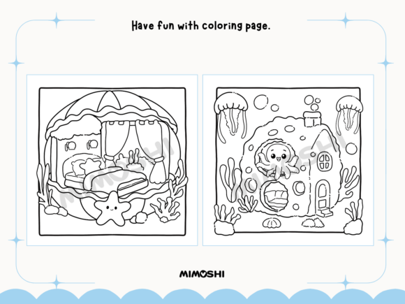 Kawaii jellyfish and whale ocean adventure coloring sheet  Cute sea creatures coloring page for homeschool and art centers