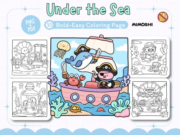 Kawaii pirate whale crab and jellyfish on ship coloring page  Cute under the sea coloring page with pirate whale and ocean friends
