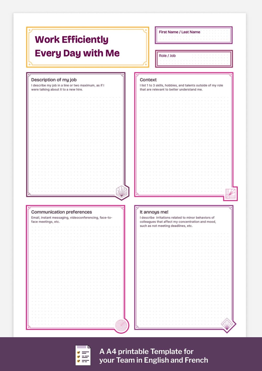 The blank Work Efficiently Every Day with Me A4 worksheet template with labeled sections for name, role, job description, context, communication preferences, and irritations. Caption says A4 printable Template for your Team in English and French.