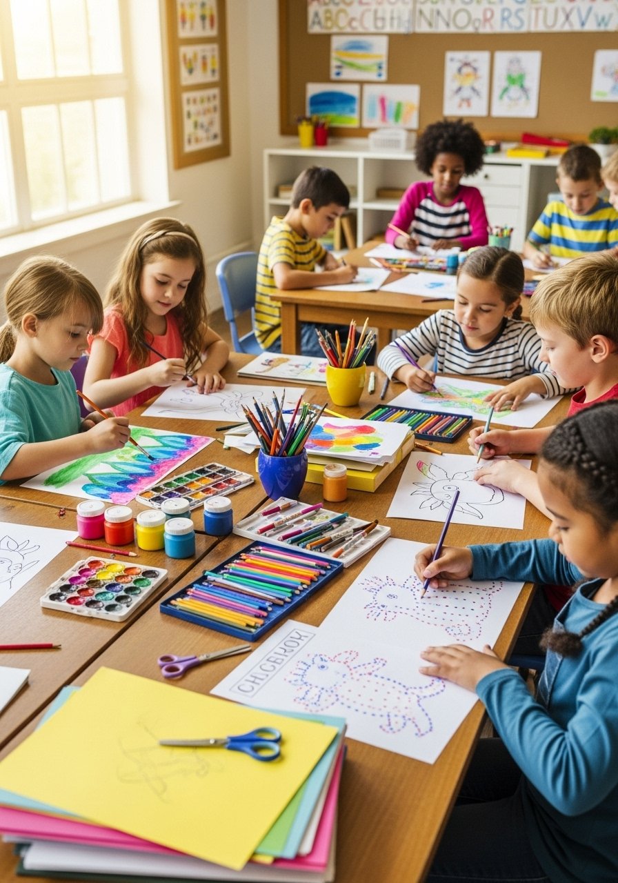 As crianças ao redor de uma mesa desenhando, pintando e ligando pontos no papel, materiais de arte coloridos espalhados pela mesa