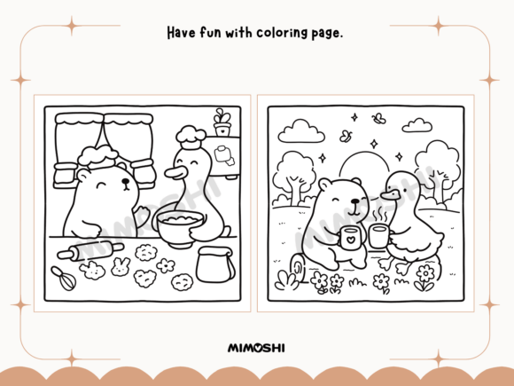 Funny animal friendship coloring page bold easy lines  Kawaii goose and capybara coloring page for children