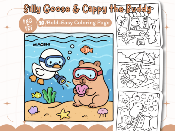 Silly Goose and Capybara coloring page printable for kids  Cute capybara and goose friends coloring sheet PDF download