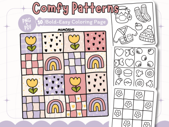 Comfy patterns coloring page printable for kids and adults  Cozy kawaii pattern coloring book page PDF download
