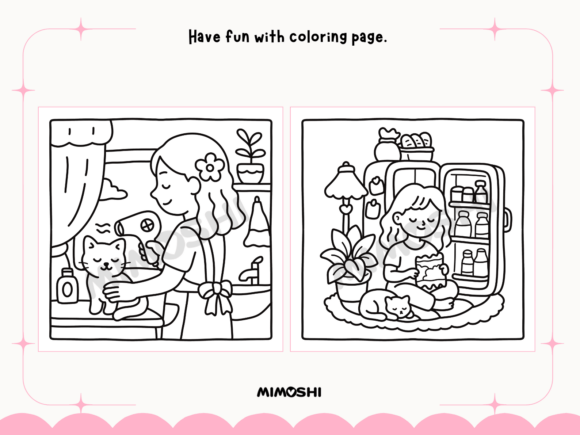 Hand-drawn cozy home coloring page with cat and tea  Tracing cat and girl coloring pages for kids and teens