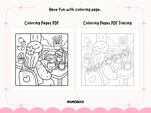 Relaxing cozy cat illustration coloring book printable  Peaceful lazy day at home coloring page with pet cat