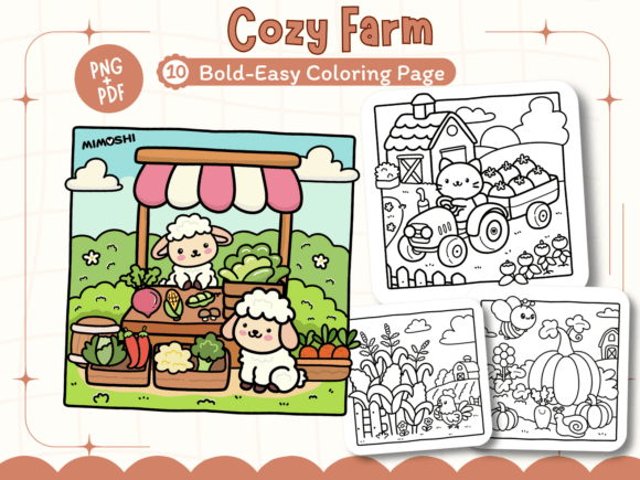 Cozy farm coloring page with barn and animals printable PDF  Cute cow and sheep farm coloring sheet for kids and adults