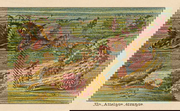 “Vintage 1899 illustration predicting the year 2000 – retro-futuristic art” “Old drawing showing how people in 1899 imagined the future world in 2000”