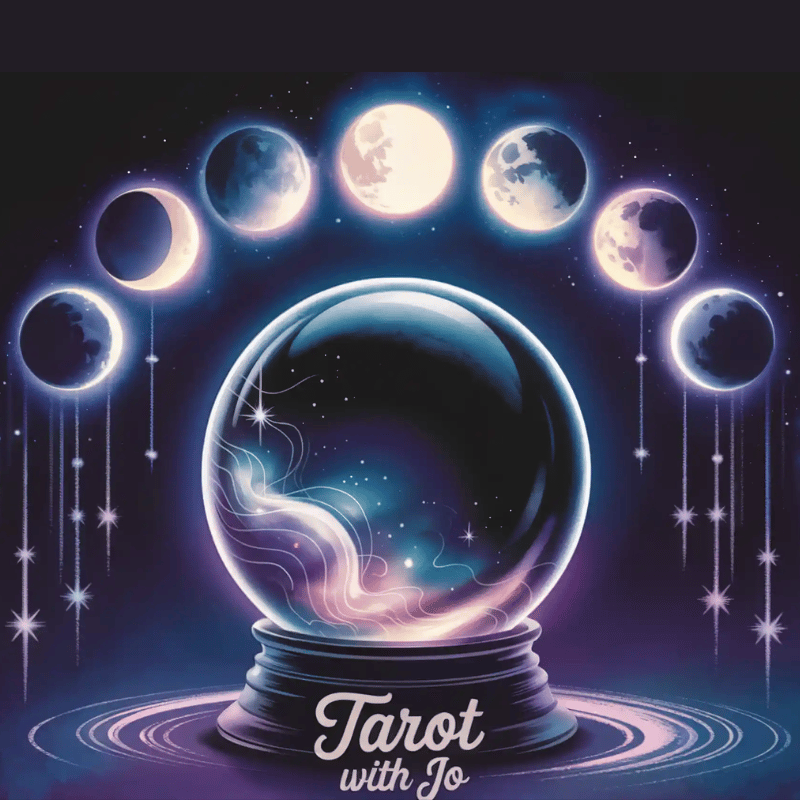 Crystal ball with moon phases across the top and the words Tarot with Jo underneath the crystal ball