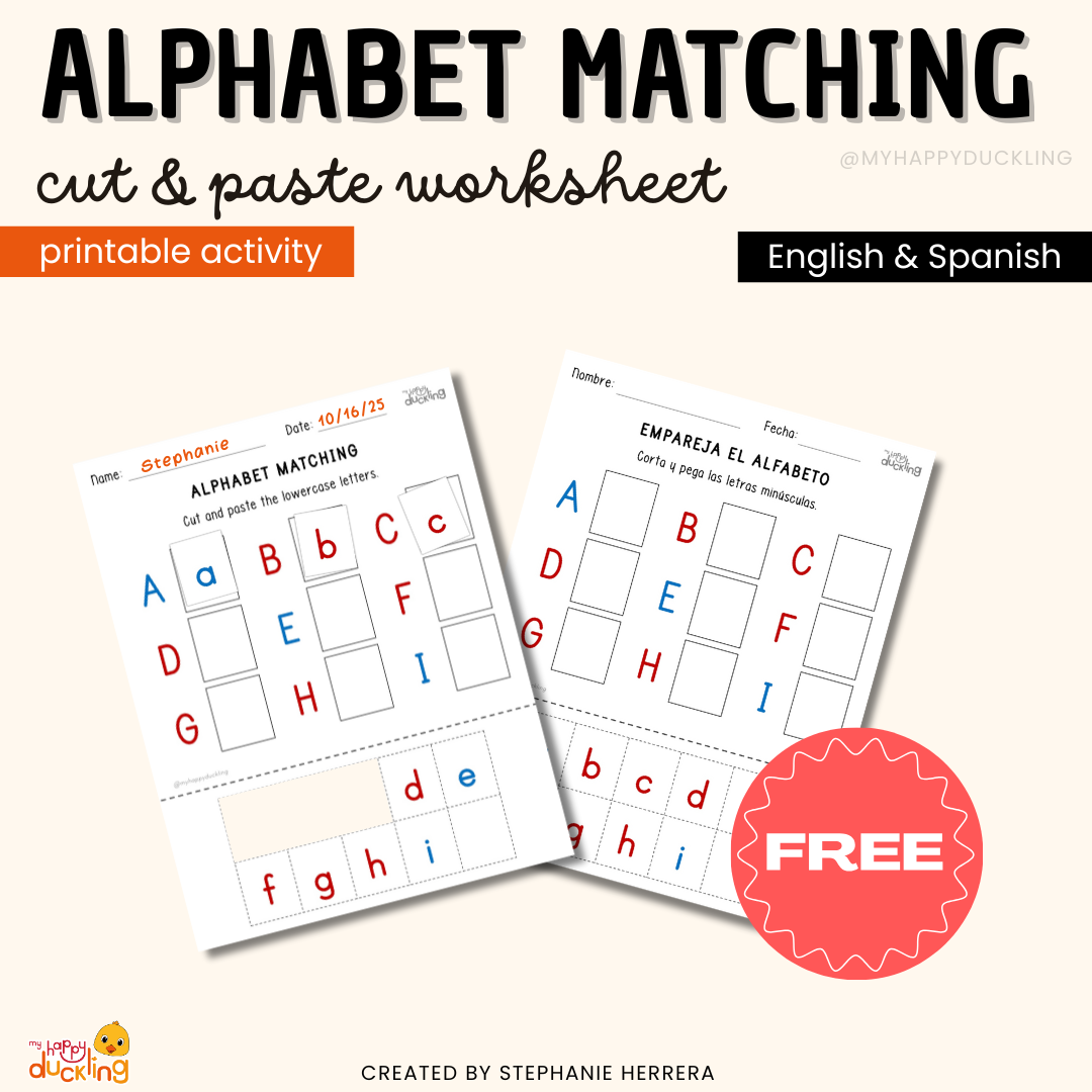 Alphabet matching cut and paste worksheet printable activity in English and Spanish