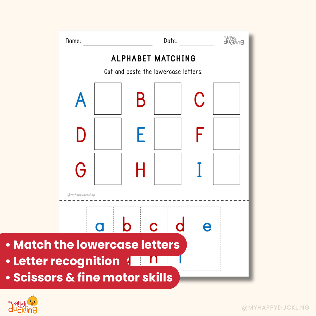 Free alphabet matching cut and paste printable for kids