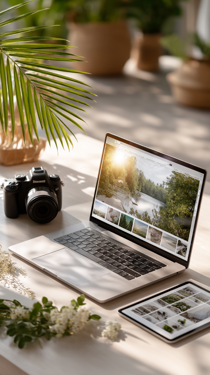 A modern, professional flat lay of a creative workspace with a laptop showing stock photography websites, a camera, a tablet with photo editing software, some printed photos scattered around, soft natural light, clean minimal background, pastel tones, realistic style, high resolution, professional photography composition, for a blog or website article about selling photos online and stock photography
