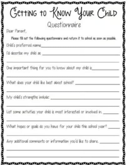 Editable Questionnaire for Parents - Getting to Know Your Child - Back to School