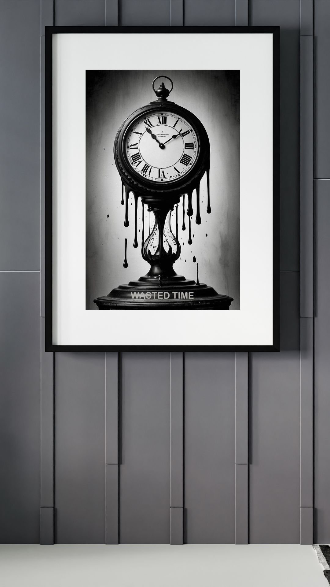 Surreal black and white artwork of a melting clock dripping like liquid, blending into an hourglass with the words “WASTED TIME” below. Symbolic image representing lost moments, time decay, and the fleeting nature of life. Perfect for wall art, home décor