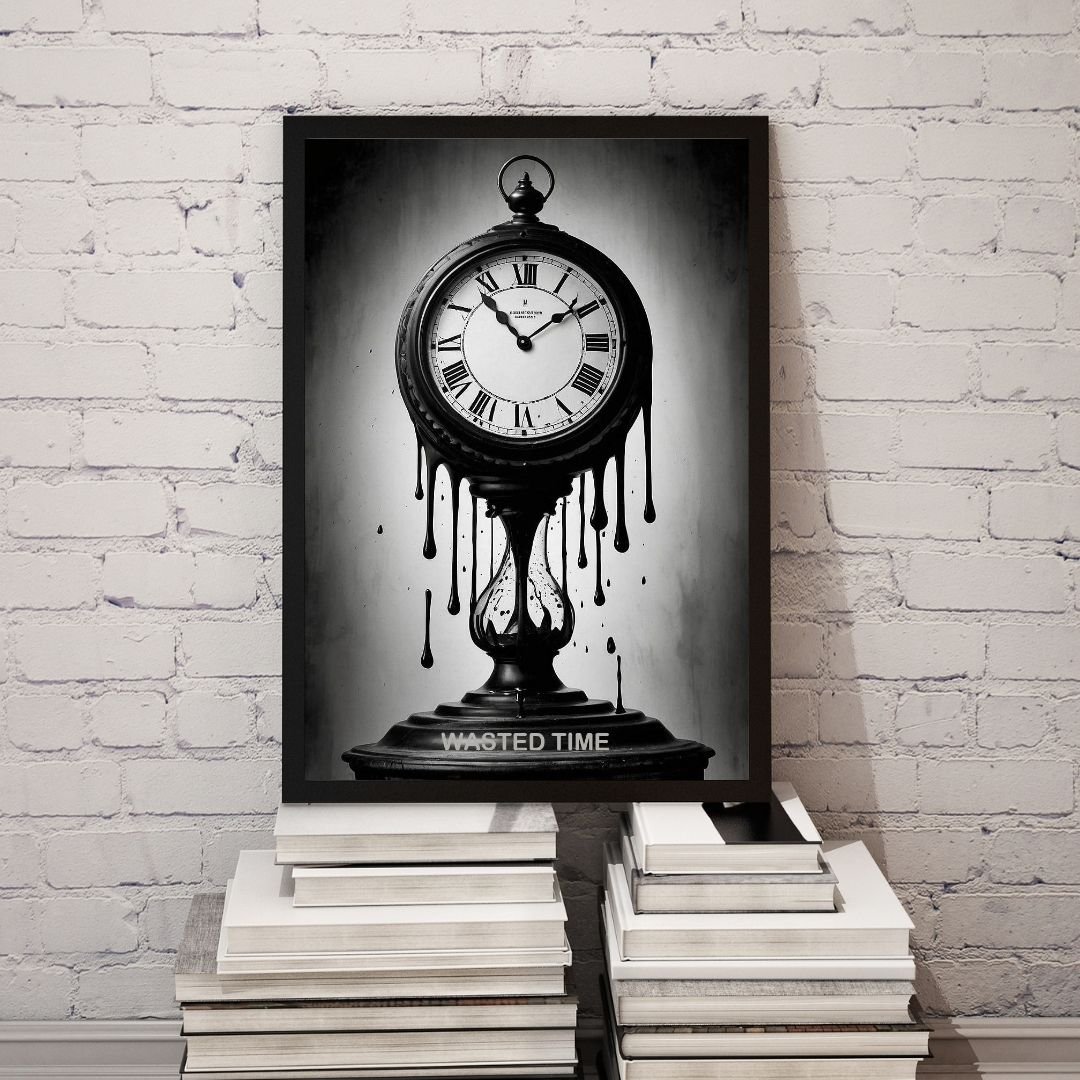 Surreal black and white artwork of a melting clock dripping like liquid, blending into an hourglass with the words “WASTED TIME” below. Symbolic image representing lost moments, time decay, and the fleeting nature of life. Perfect for wall art, home décor